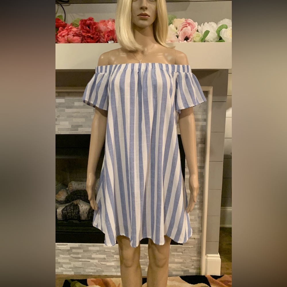 Shein blue striped off the shoulder dress size medium